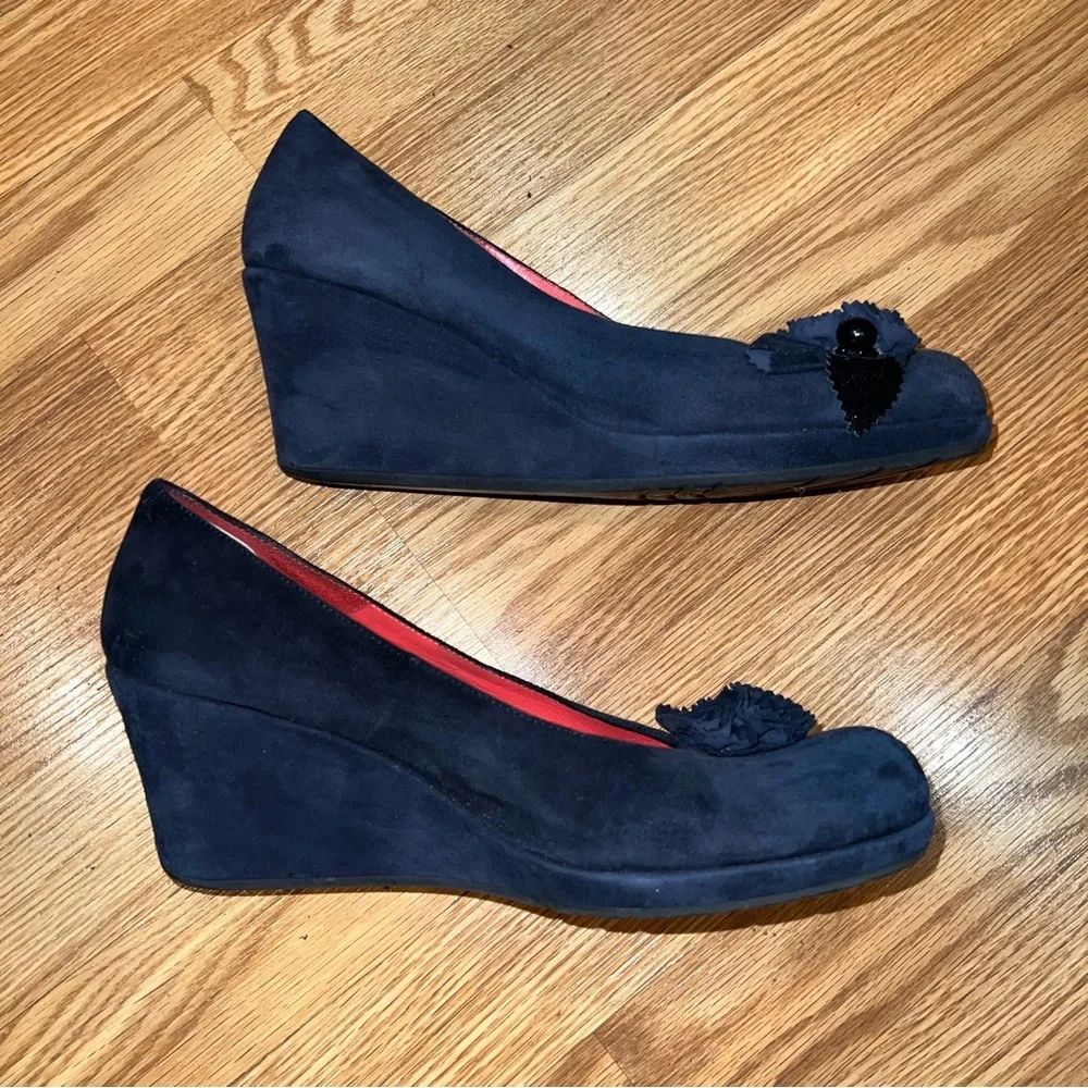 Pas‎ de Rouge Blue Suede 2.5” wedge Heels with rosette bows